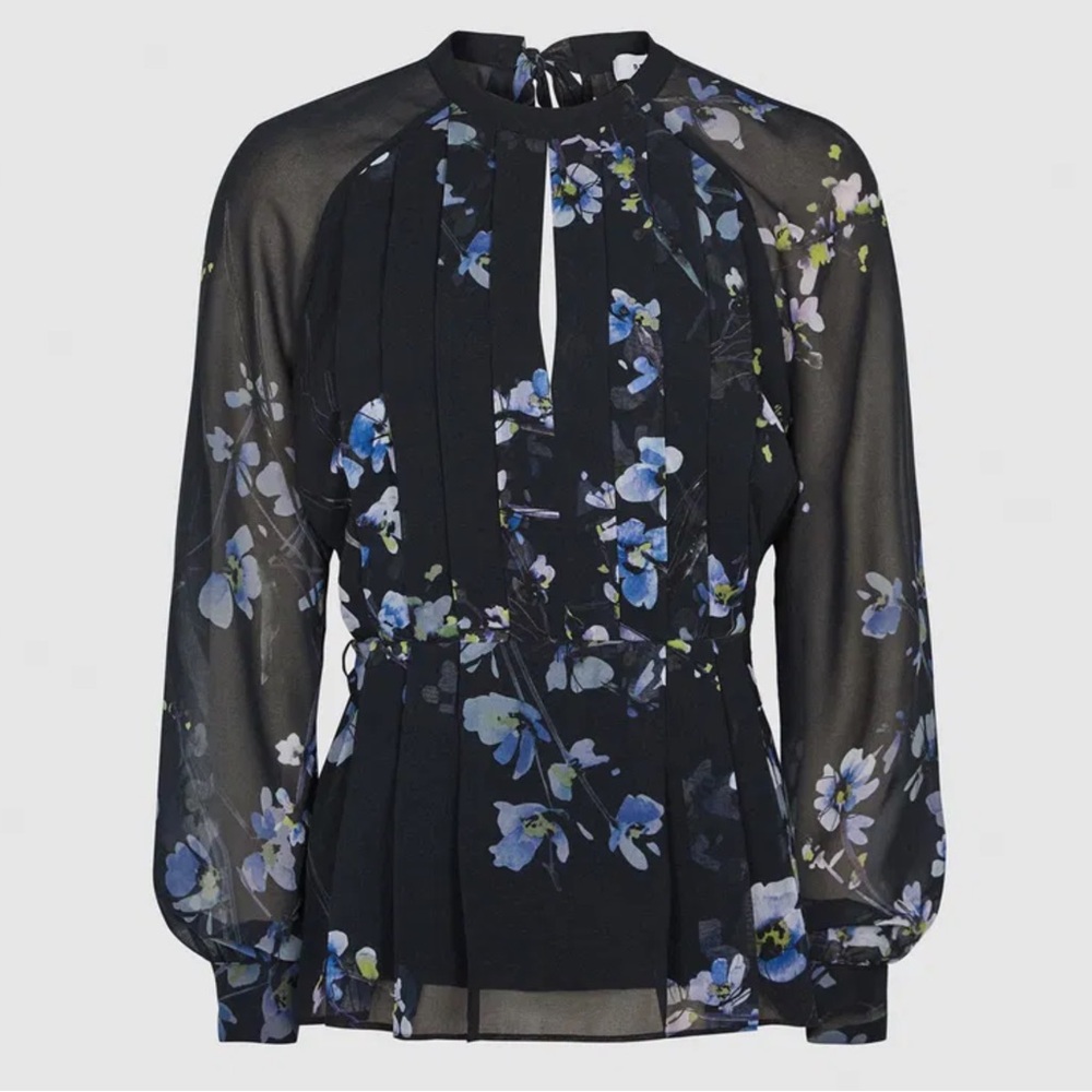 Reiss Robbie Floral Sheer Chiffon Open Back Peplum Blouse